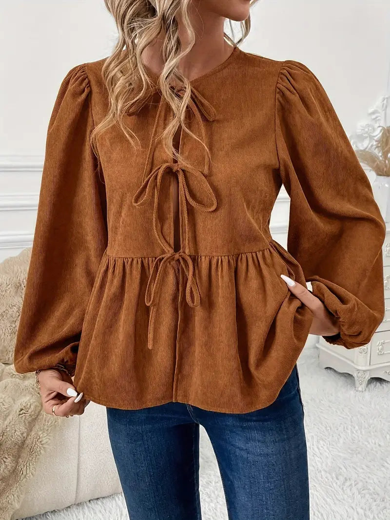 Gianna - Stijlvolle Herfst Chique Bruin Blouse met Tunnelkoord en Puffmouwen voor Vrouwen