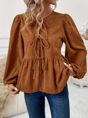 Gianna - Stijlvolle Herfst Chique Bruin Blouse met Tunnelkoord en Puffmouwen voor Vrouwen