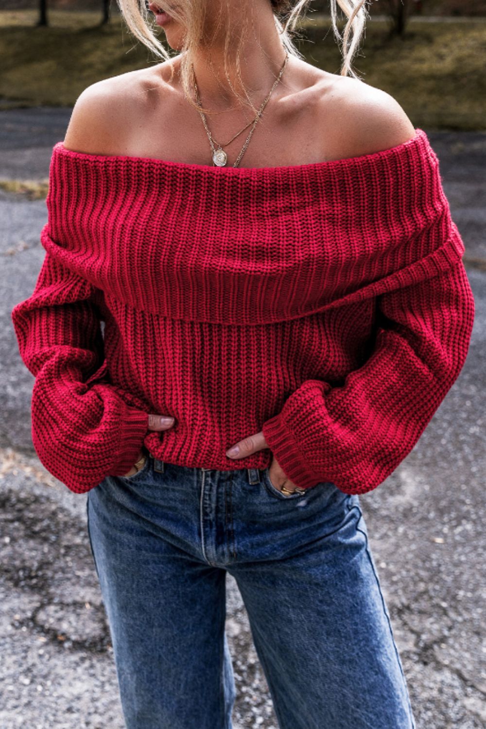 Amanda - Chique Herfst Off-Shoulder Rode Trui voor Vrouwen