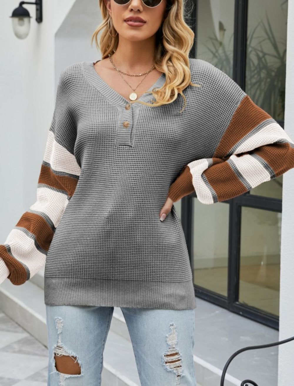 Kehlani - Casual Herfst Kleurblok Knoop-Front Sweater voor Vrouwen