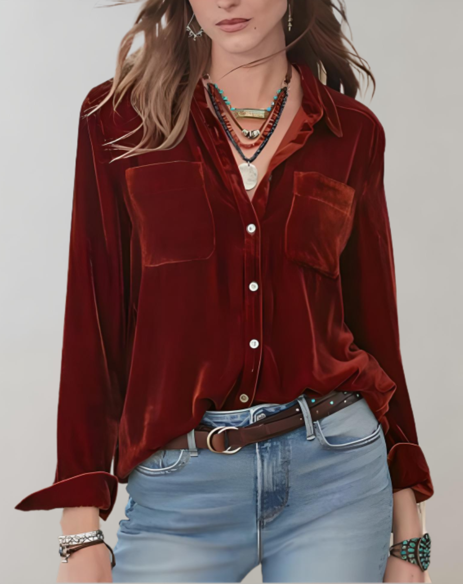 Sienna - Vintage Herfst Velvet Top met Knopen voor Vrouwen