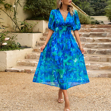 Cynthia - Elegante Blauwe Zomerjurk met Print voor Vrouwen