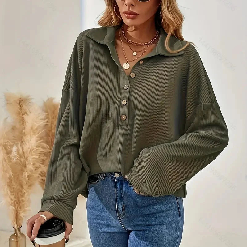 Lilian - Chique Herfst Groene Geribbelde Blouse met Knopen voor Vrouwen