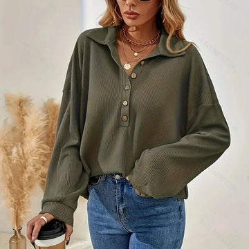 Lilian - Chique Herfst Groene Geribbelde Blouse met Knopen voor Vrouwen